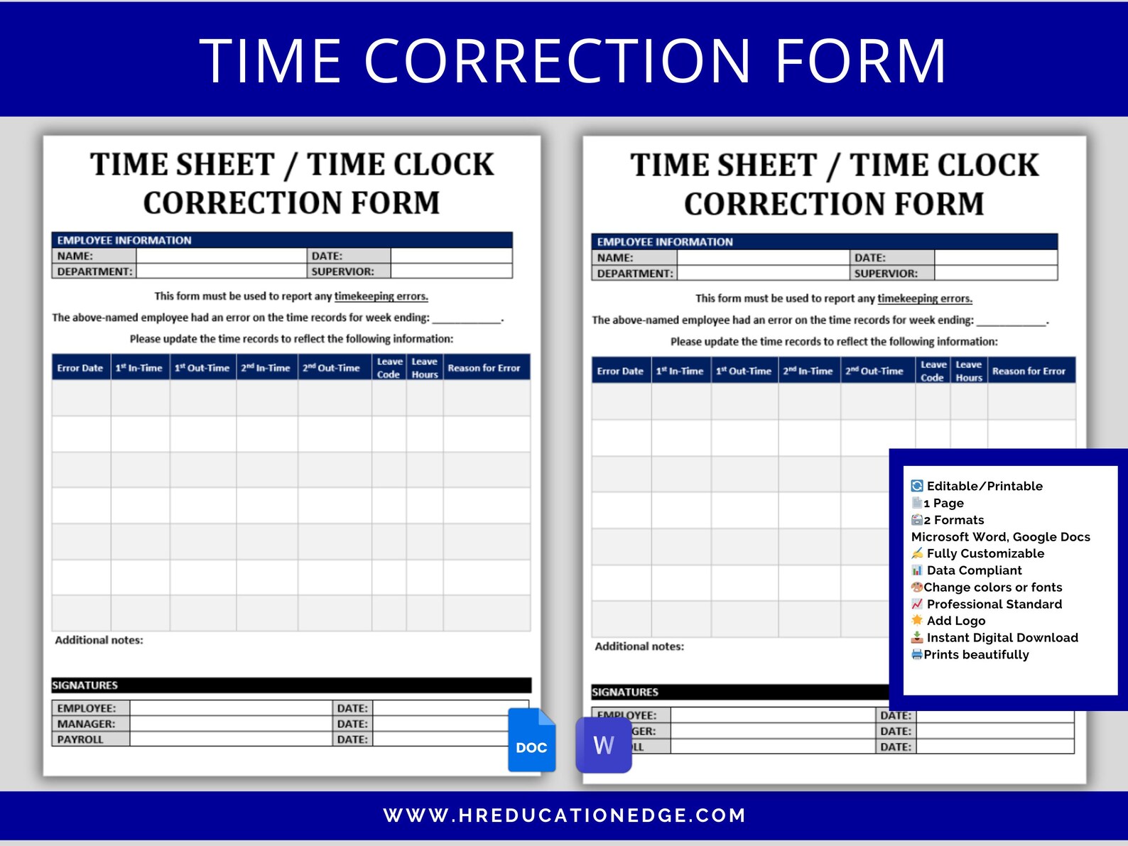 Gmp Time Correction Example Time Clock Correction Form: Missed Punch Form, Employee Payroll ...