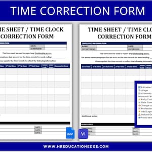 May include: Two white time correction forms with blue headers and text. The forms include fields for employee information, timekeeping errors, and signatures. A blue box on the right lists features like editability and digital download.