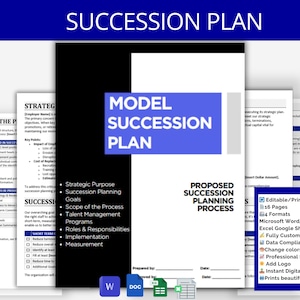 Könnte beinhalten: Ein blaues und weißes Dokument mit dem Titel "Modell-Nachfolgeplan" auf schwarzem Hintergrund. Das Dokument enthält einen vorgeschlagenen Prozess zur Nachfolgeplanung, einen strategischen Zweck, Ziele der Nachfolgeplanung, den Umfang des Prozesses, Programme für das Talentmanagement, Rollen und Verantwortlichkeiten, Implementierung und Messung. Das Dokument ist bearbeitbar und druckbar in 16 Seiten und 4 Formaten: Microsoft Word, Google Docs, Excel Google Sheets und vollständig anpassbar. Es ist datenkonform und ermöglicht das Ändern von Farben oder Schriftarten. Das Dokument enthält außerdem einen professionellen Standard, die Möglichkeit, ein Logo hinzuzufügen, einen sofortigen digitalen Download und einen hochwertigen Druck.