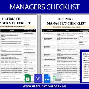 May include: A printable checklist for managers to use for operational excellence and team success. The checklist is divided into categories such as strategic planning, recruitment and onboarding, performance management, professional development, team building and culture, stakeholder management, discipline and compliance, hiring and interviewing. The checklist is available in three formats: Microsoft Word, Google Docs, and Excel. It is fully customizable and data compliant. The checklist is available for instant digital download and prints beautifully.