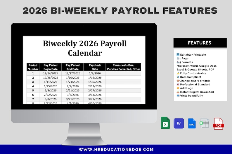 Biweekly Payroll Calendar 2026 MS Editable Word, Excel Pay Period