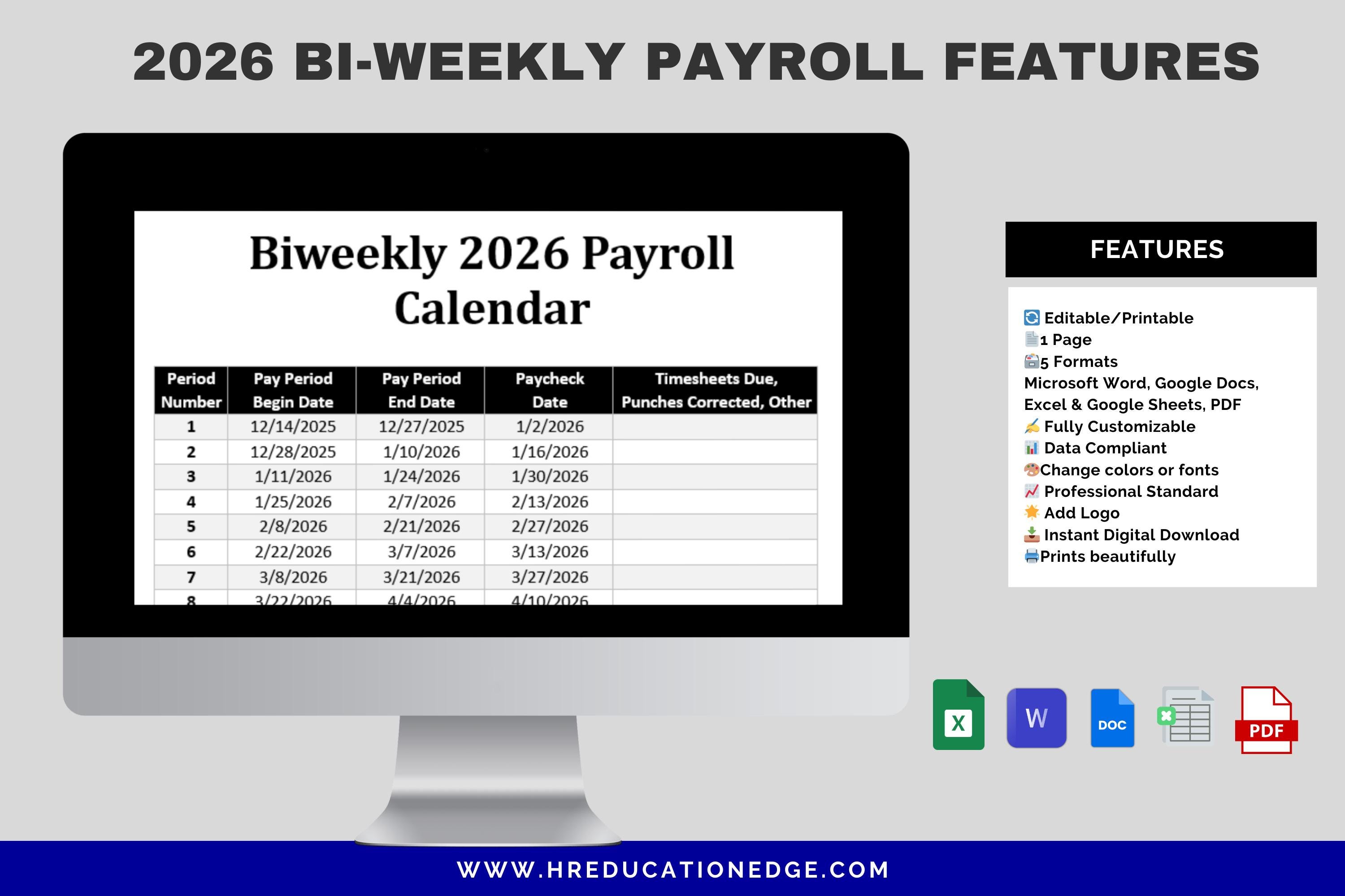Biweekly Payroll Calendar 2026 MS Editable Word, Excel Pay Period