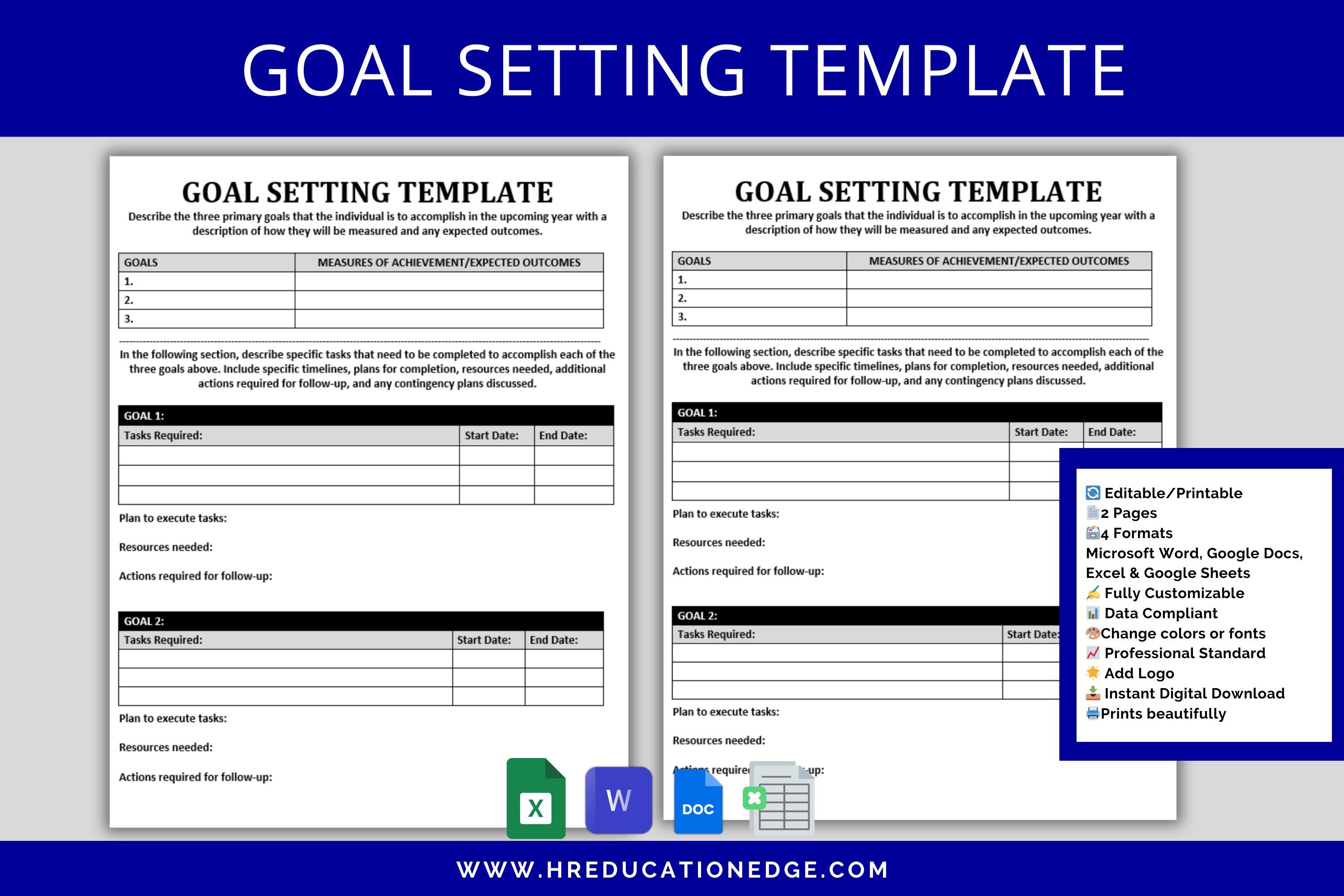 Employee Goal Setting Worksheet: Performance Review HR Template ...