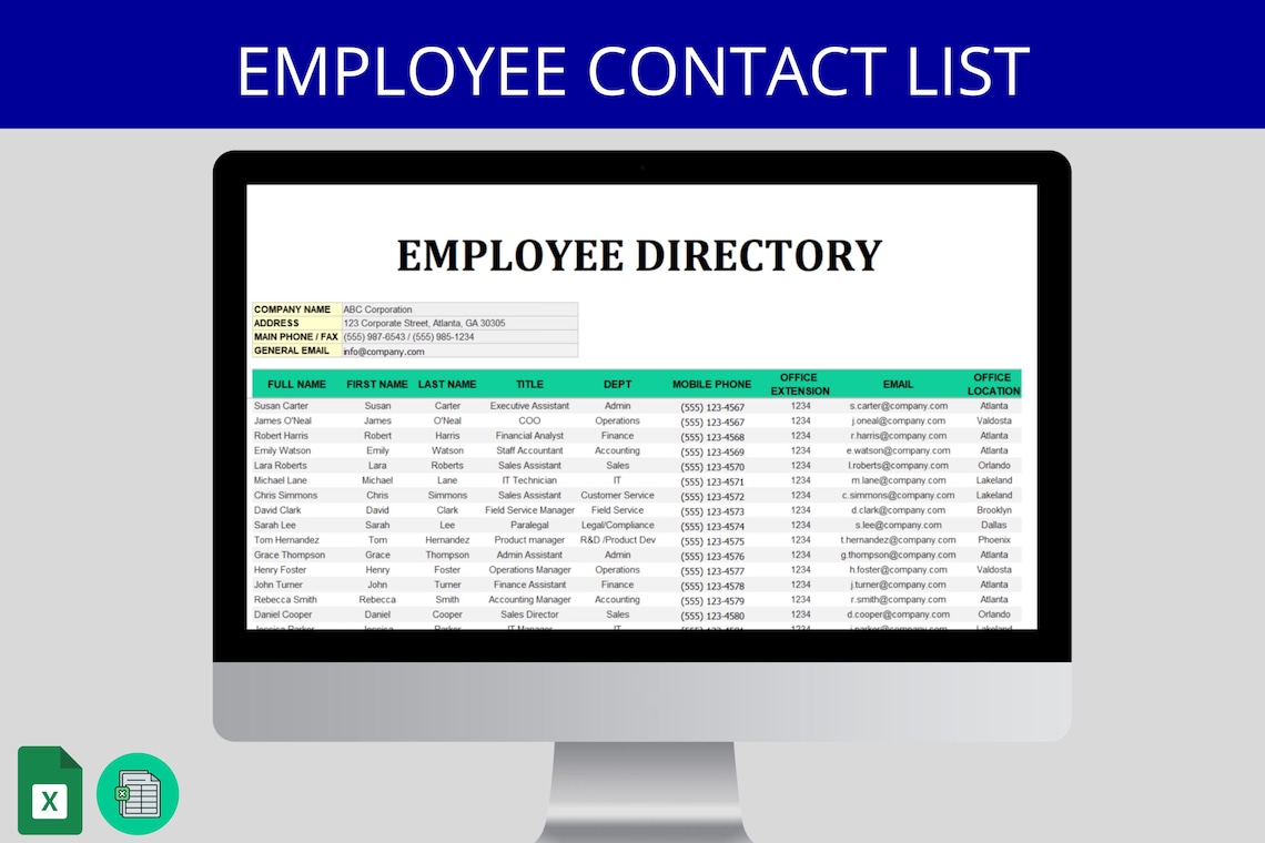 Excel Employee Directory Template: HR Staff Contact List (digital ...
