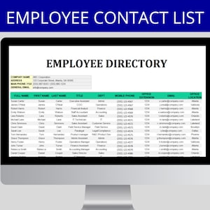 Pracownik, Personel, Szablon katalogu telefonicznego | Lista kontaktów firmy Excel, Lista HR, Edytowalny arkusz kalkulacyjny katalogu, Szablon HR
