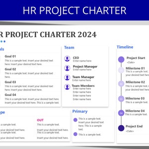 May include: A blue and white chart titled "HR Project Charter 2024" with sections for goals, scope, team, primary, and timeline. The chart includes a list of goals, a scope of work, a team structure, a timeline with milestones, and a primary section with a sample text.