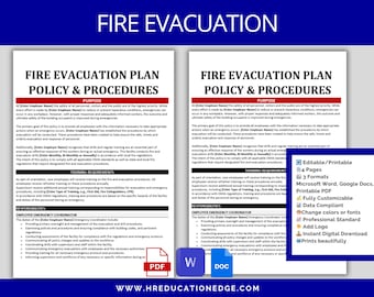 May include: A printable fire evacuation plan template in PDF, Word, and Google Docs format. The template includes a purpose, training requirements, responsibilities, and the duties of the emergency coordinator. The template is fully customizable and data compliant.