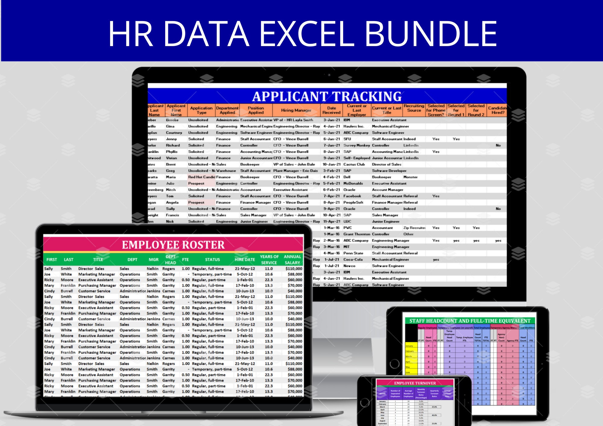 HR Data Bundle: Editable Excel Templates for Turnover, Recruitment, Staff Headcount, FTE & Roster, Human Resource Form, HR Spreadsheets