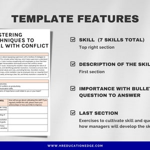 May include: A template for mastering conflict resolution techniques. The template includes a description of the skill, its importance, and exercises to cultivate the skill. The template also includes a question to answer about how to cultivate the skill. The template is titled "Mastering Techniques to Deal with Conflict".