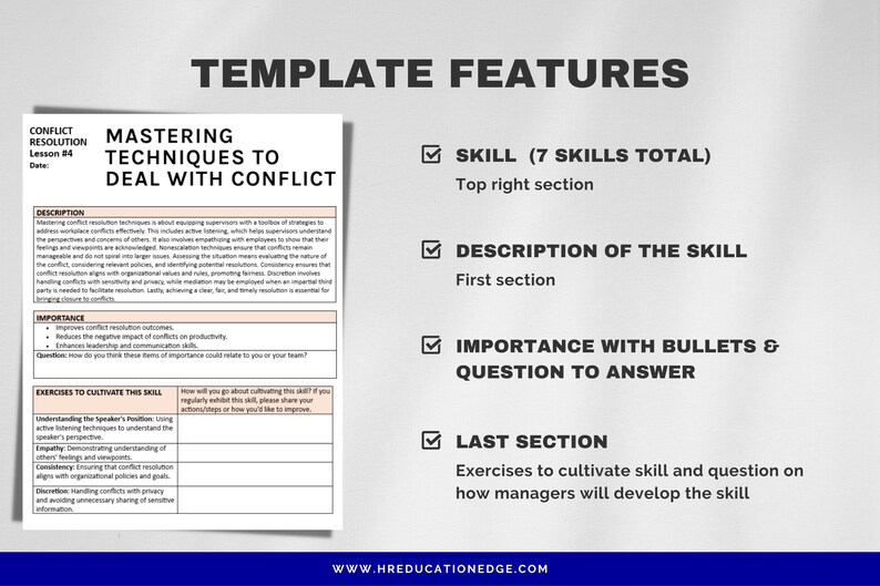 May include: A template for mastering conflict resolution techniques. The template includes a description of the skill, its importance, and exercises to cultivate the skill. The template also includes a question to answer about how to cultivate the skill. The template is titled "Mastering Techniques to Deal with Conflict".
