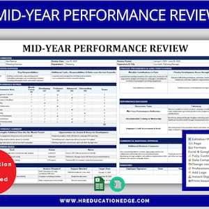 Puede incluir: Una plantilla de revisión de desempeño de mitad de año con un encabezado azul y un fondo blanco. El documento incluye secciones para información del empleado, calificaciones de desempeño y metas. El texto "Instruction tab included" es visible. El documento es editable e imprimible.