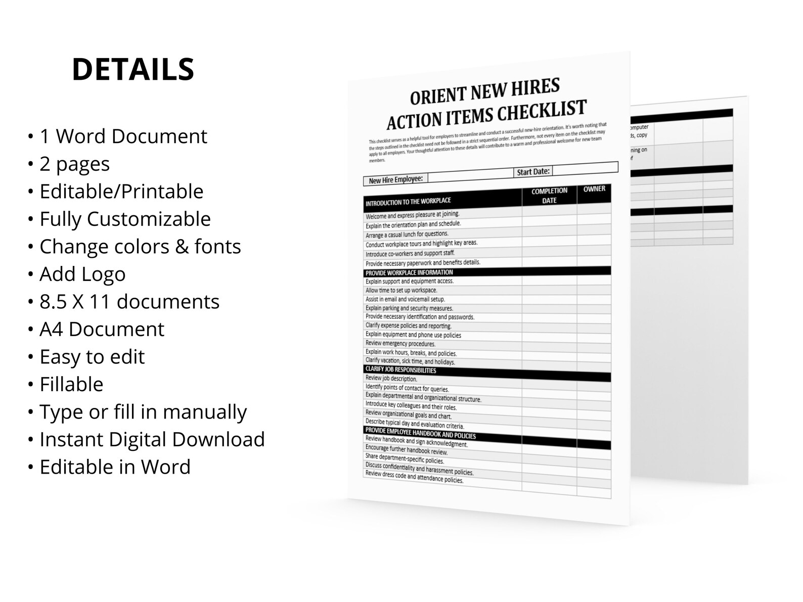 New Hire Orientation Checklist: HR Onboarding Template (digital ...