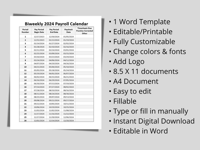 Biweekly Payroll Calendar 2024 MS Editable Word Pay Period Start & End
