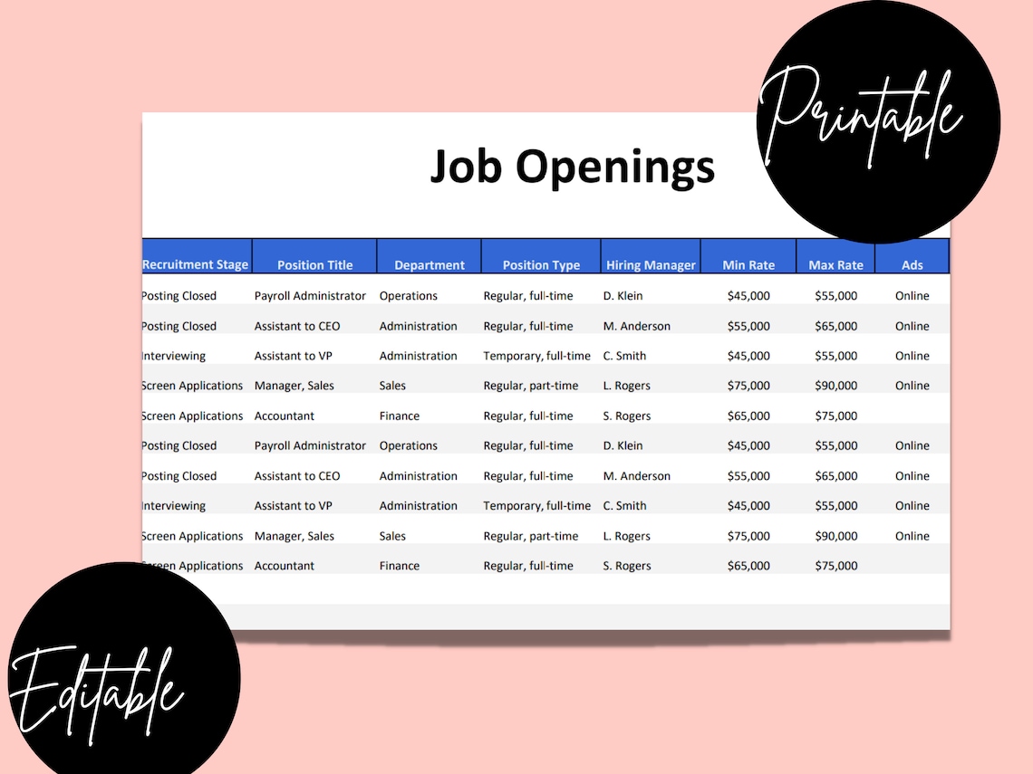 Job Openings Template MS Excel Editable Spreadsheet Human Etsy Job Openings Template MS Excel Editable Spreadsheet Human Etsy