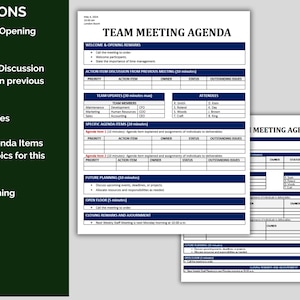 May include: A blue and white team meeting agenda template with sections for welcome and opening remarks, action item discussion, team updates, specific agenda items, future planning, and closing. The template includes space for attendees, priority, action item, owner, status, and outstanding issues.
