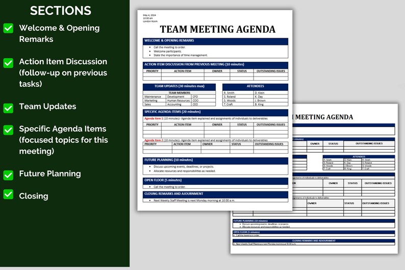 May include: A blue and white team meeting agenda template with sections for welcome and opening remarks, action item discussion, team updates, specific agenda items, future planning, and closing. The template includes space for attendees, priority, action item, owner, status, and outstanding issues.