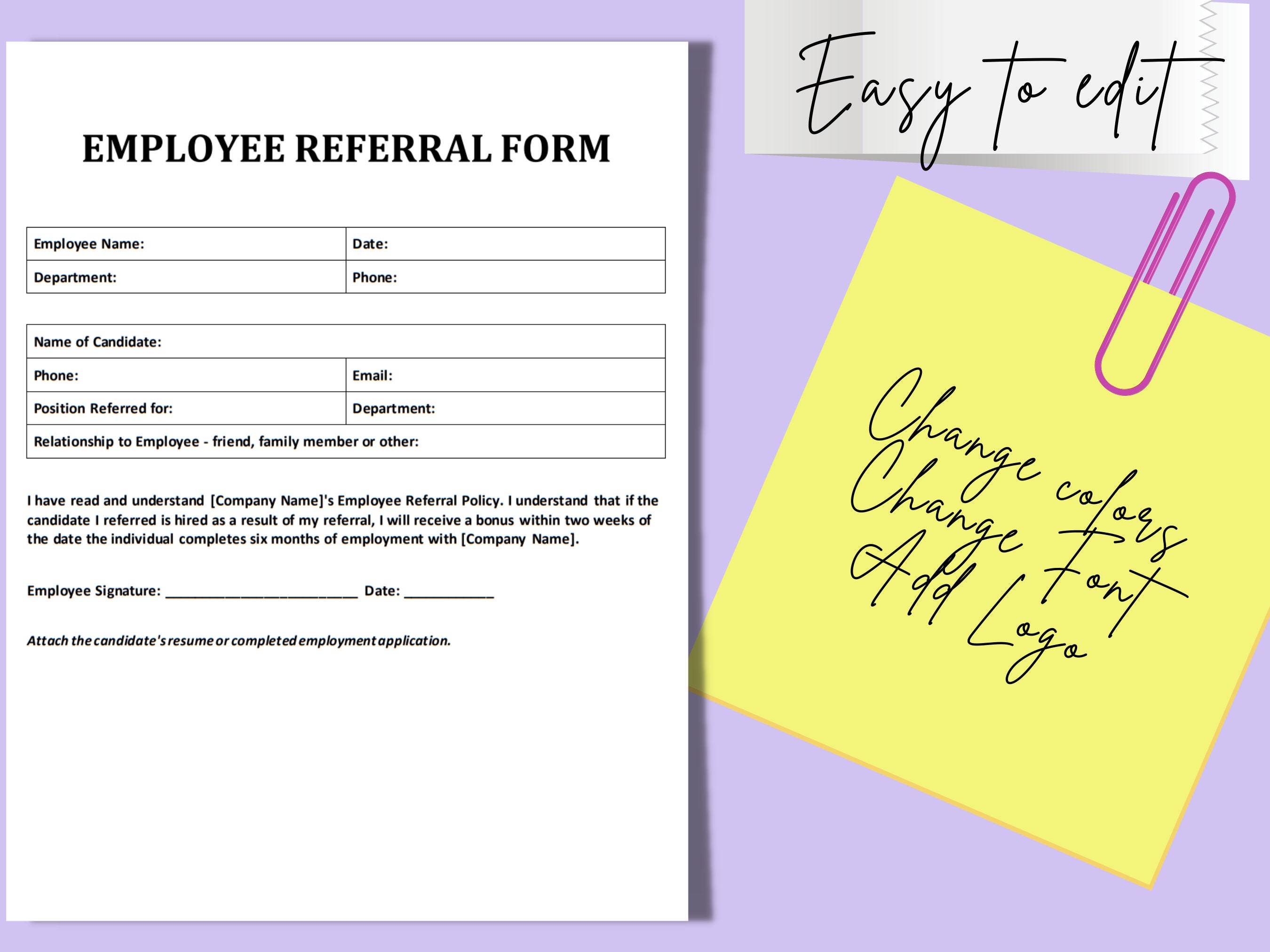 Employee Referral Form MS Word Editable Template Job Etsy