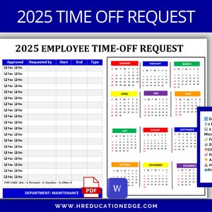 2025 Calendar | HR Employee Time Off Request Planner: PTO & Vacation, Leave Calendar, Time Off Form HR Templates, Days Off Tracker, Benefits