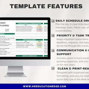May include: A computer monitor displays an "Admin Daily Planner" template. The screen shows a daily schedule, correspondence, office management, and meeting coordination sections. The template features daily schedule organization, priority & task tracking, communication support, and a clean design.