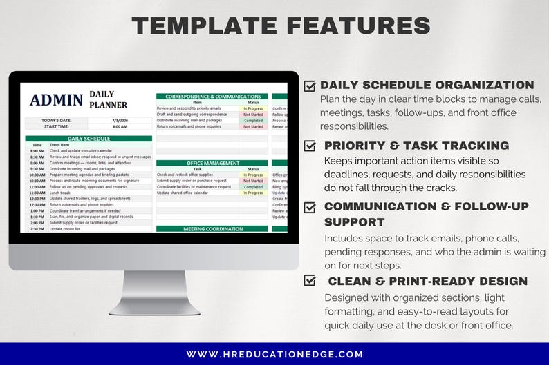 May include: A computer monitor displays an "Admin Daily Planner" template. The screen shows a daily schedule, correspondence, office management, and meeting coordination sections. The template features daily schedule organization, priority & task tracking, communication support, and a clean design.