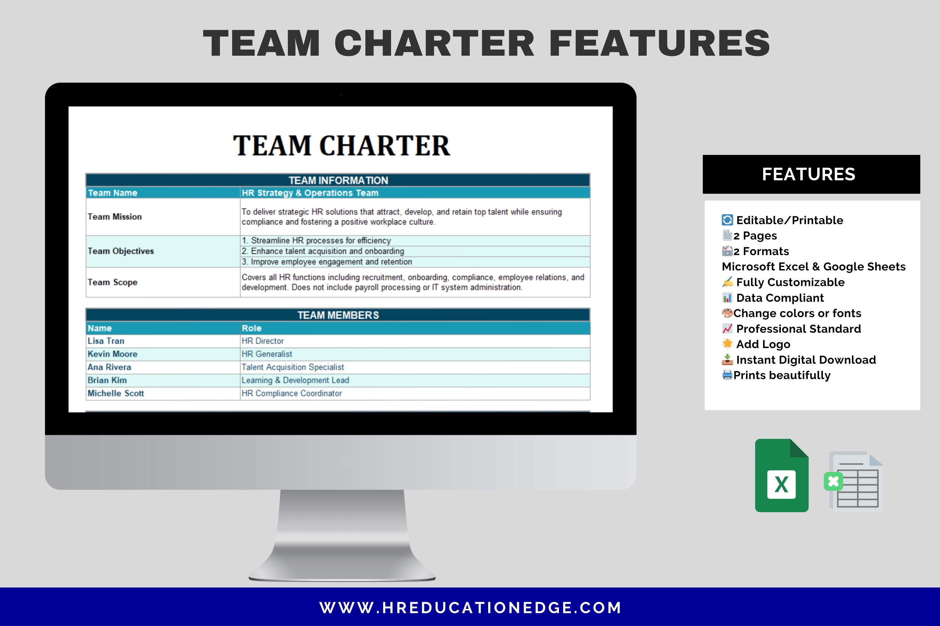 Program Team Charter Examples Team Charter Template: HR Planning, Excel & Google Sheets (digital ...