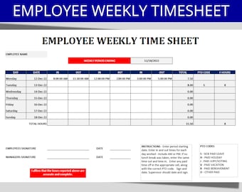 Hoja de horas semanal de empleados: Hoja de horas y registro de fichajes de Excel editables e imprimibles