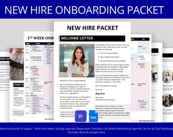 New Hire Onboarding Packet: 30 60 90 Day Plan | Welcome Letter, First Day & Week Agendas, Employee Orientation + Onboarding Documents Packet