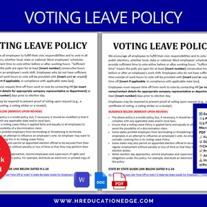Op de afbeelding: Een blauw en wit printbaar document met de titel "Voting Leave Policy" in vetgedrukt zwart. Het document biedt een voorbeeldbeleid voor werkgevers om werknemers tijd te geven om te stemmen. Het document is bewerkbaar en afdrukbaar in de formaten Microsoft Word, Google Docs en PDF. Het document bevat ook een link naar een staatswijde gids voor werkgevers.