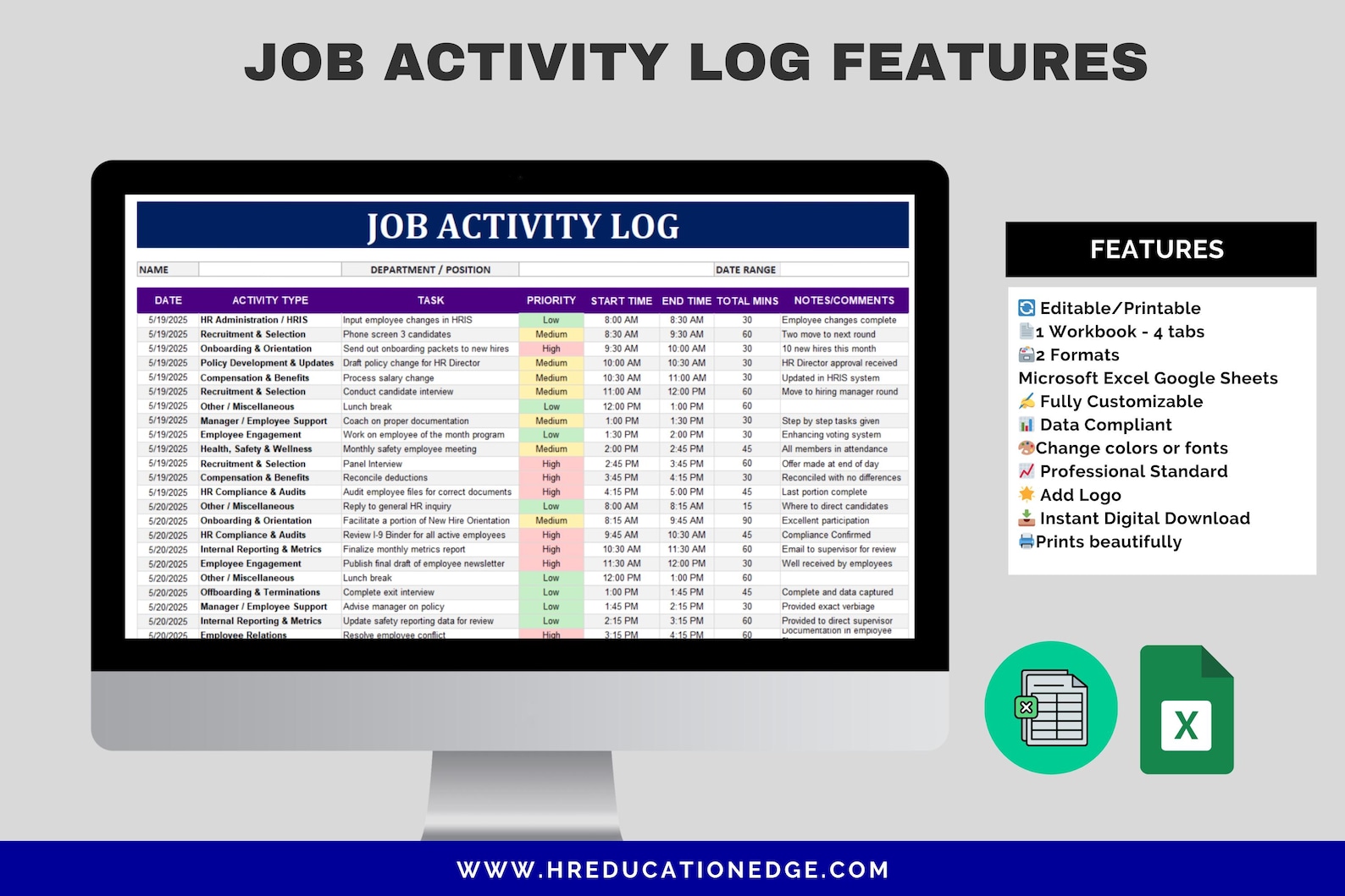Job Activity Log Template: Task Tracker & Working Hours (excel + Google ...