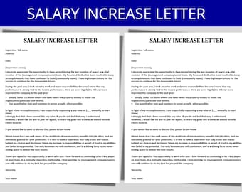 May include: A black and white salary increase letter template with the title "Salary Increase Letter" at the top of the page. The letter is a formal request for a raise and includes a section for the employee to list their accomplishments and reasons for the raise.