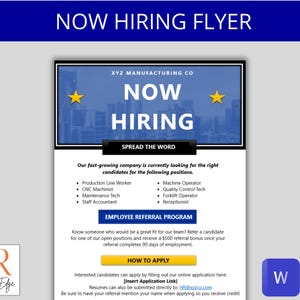 Puede incluir: Un folleto azul y blanco con el texto "NOW HIRING FLYER" en la parte superior. El folleto incluye una sección que dice "NOW HIRING" y enumera ofertas de trabajo como Production Line Worker y Machine Operator. El folleto también incluye un programa de referencia de empleados.