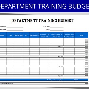 Könnte beinhalten: Eine blaue und weiße Vorlage für ein Abteilungs-Schulungsbudget mit Spalten für Schulung, Typ, Beschreibung, Menge, einmalige Gebühren, Kosten pro Mitarbeiter, Reisekosten pro Mitarbeiter, Unterbringungskosten pro Mitarbeiter und Gesamt. Die Vorlage enthält Abschnitte für Quartals-Summen und ein jährliches Schulungsbudget.