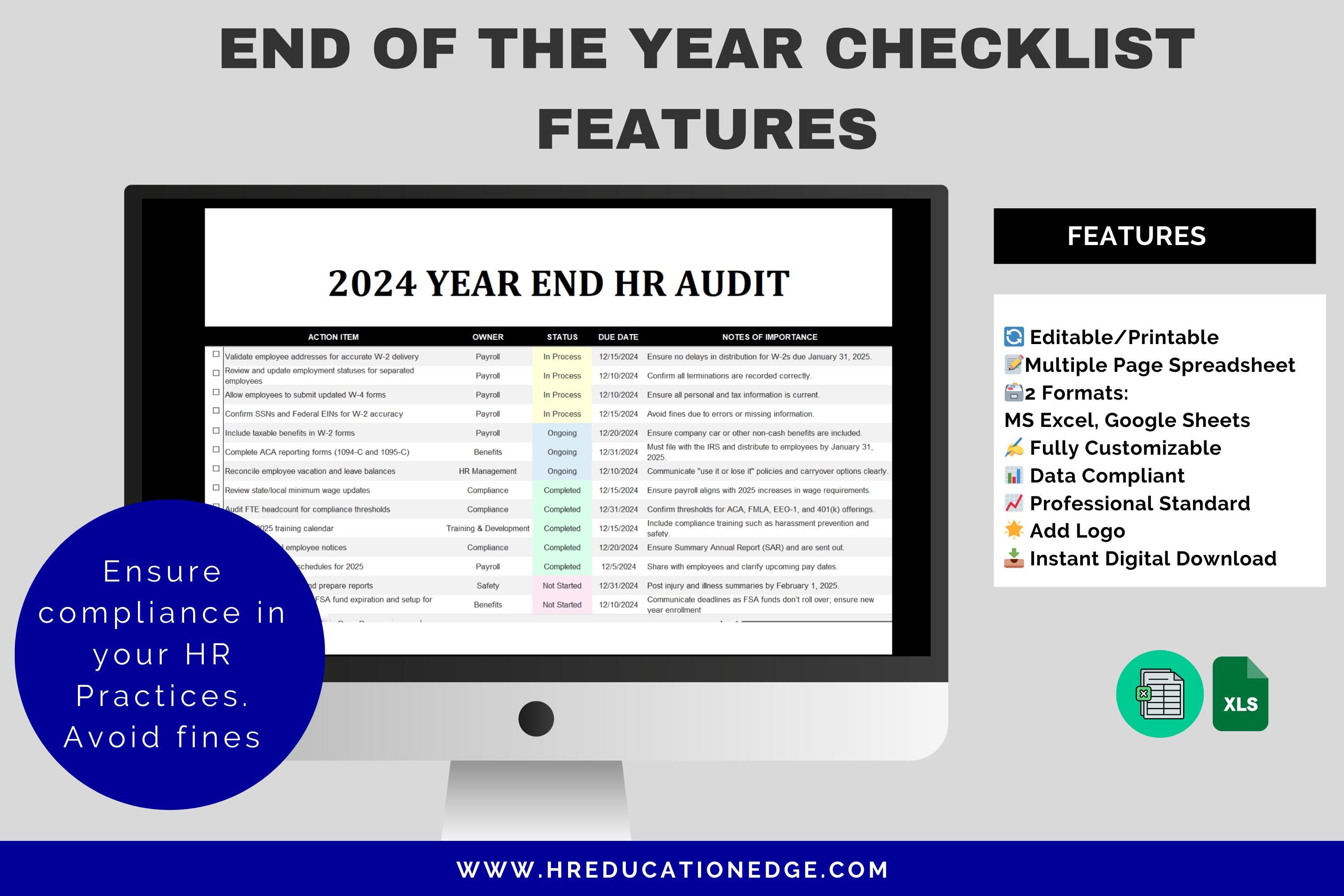 End of Year HR Audit Checklist: Editable HR Template (digital Download ...