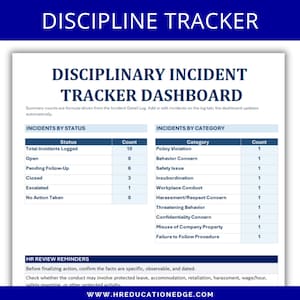 Discipline Tracker Template: Employee Incident Log, Corrective Action Tracker, HR Dashboard Excel & Google Sheets