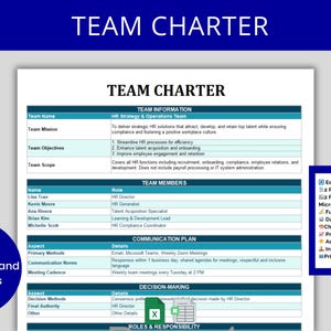 May include: A printable Team Charter document with a blue and white design. The document includes sections for team information, objectives, and member roles. The document is fully customizable and available in Microsoft Excel and Google Sheets formats.