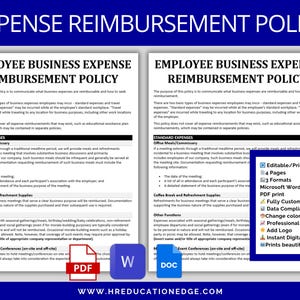 May include: A printable PDF document with a blue and white color scheme. The document is titled "Employee Business Expense Reimbursement Policy". The document includes a section titled "Standard Expenses" and a section titled "Other Functions".