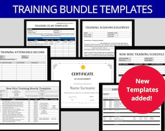 Op de afbeelding: Een verzameling printbare trainingstemplates voor nieuwe medewerkers. De templates omvatten een trainingsplan, een aanwezigheidsregistratie, een erkenning, een schema en een certificaat van prestatie. De templates zijn zwart-wit met een rode cirkel waarop staat "Nieuwe templates toegevoegd!"