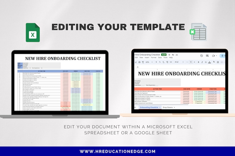 May include: A screenshot of a laptop displaying a spreadsheet titled "New Hire Onboarding Checklist". The spreadsheet is divided into columns with headings such as "Action Item", "Due Date", "Owner", "Function", and "Status". The spreadsheet is open in a web browser and is likely being edited in Google Sheets.