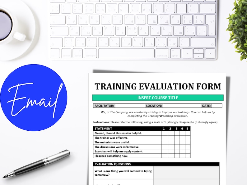 May include: A training evaluation form with a green header and a rating scale from 1 to 5. The form asks questions about the overall session, the trainer, the materials, the discussions, and the exercises. It also asks for one thing the participant will commit to trying tomorrow.