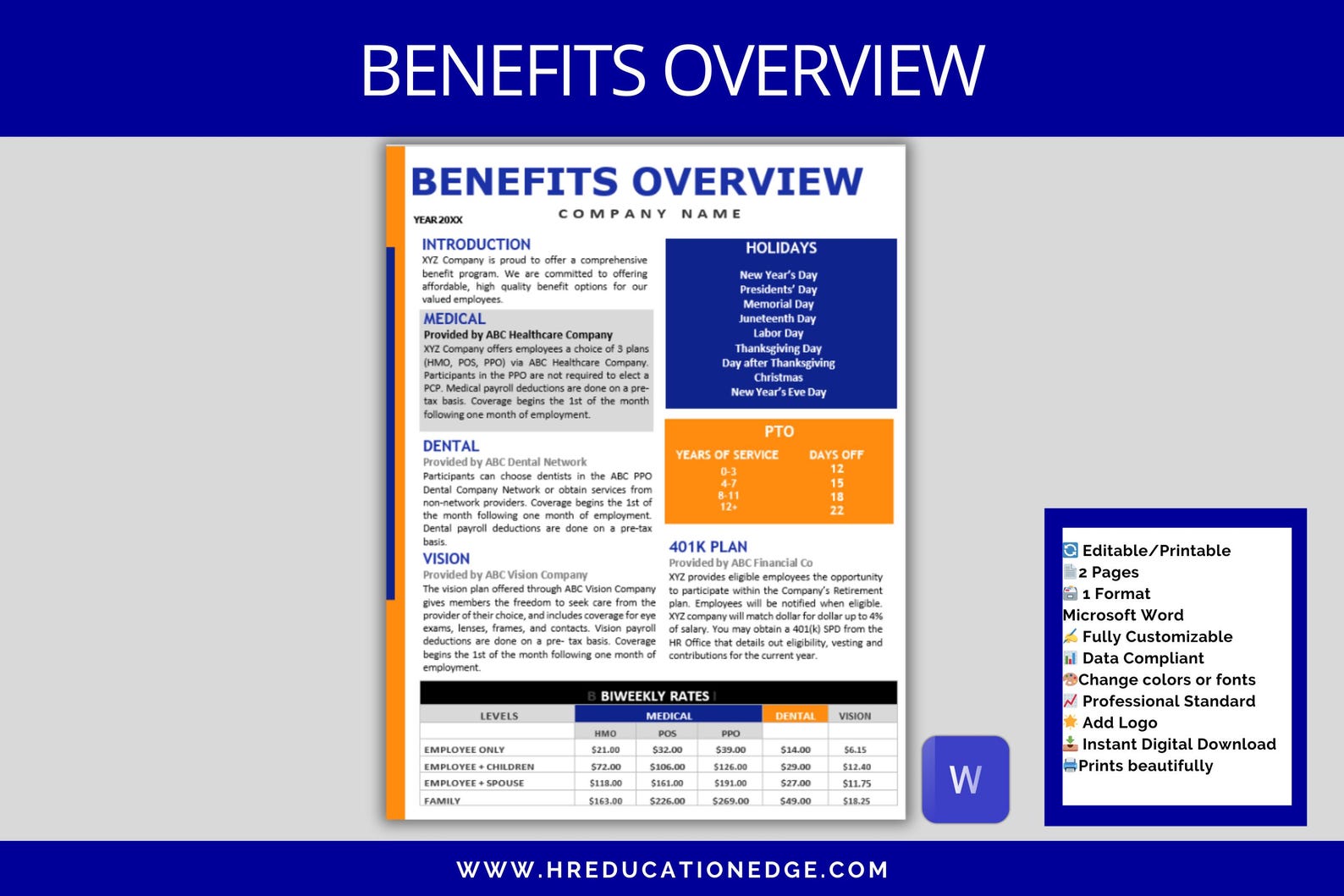 Employee Benefits Template HR New Hire Packet I Open Enrollment