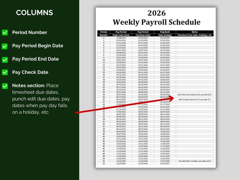 2026 Weekly Payroll Calendar| HR Template: Editable Pay Schedule