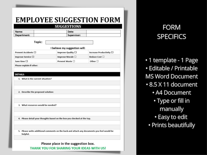 Employee Suggestion Box Form Suggestion Box Cards Employee Etsy
