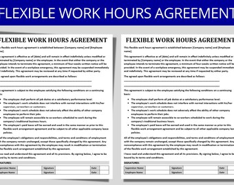 Könnte beinhalten: Ein schwarz-weißes Dokument mit dem Titel "Flexible Arbeitszeitvereinbarung", das die Bedingungen und Konditionen einer flexiblen Arbeitszeitvereinbarung zwischen einem Arbeitnehmer und einem Arbeitgeber darlegt. Das Dokument enthält Abschnitte für Unterschriften, Daten und Details zur Wirksamkeit, Beendigung und den Bedingungen der Vereinbarung.