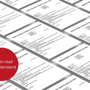 May include: Multiple copies of a blank "Employment Verification Letter" template. The template includes fields for the employee's name, job title, dates of employment, and salary. The document is easy to read and understand.