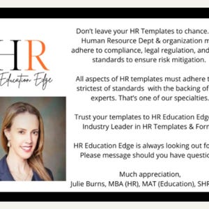 May include: A framed advertisement for HR Education Edge, featuring a logo with black and orange text. The image includes a headshot of a woman and text about HR templates and compliance.