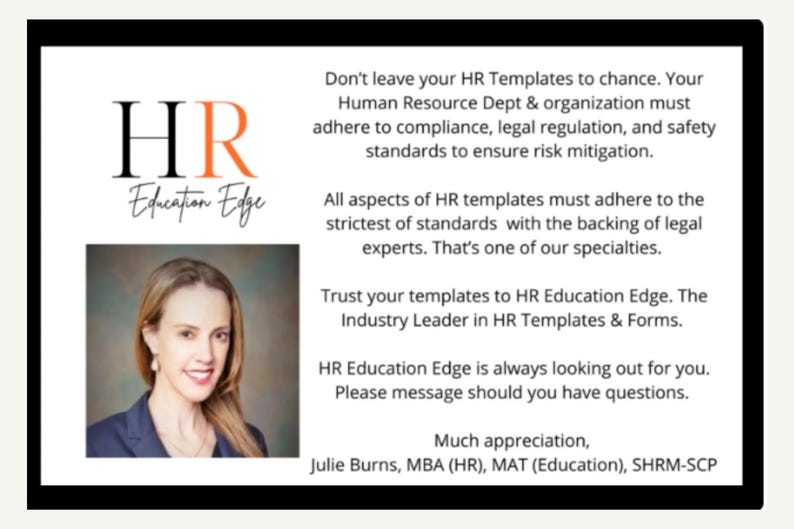 May include: A framed advertisement for HR Education Edge, featuring a logo with black and orange text. The image includes a headshot of a woman and text about HR templates and compliance.