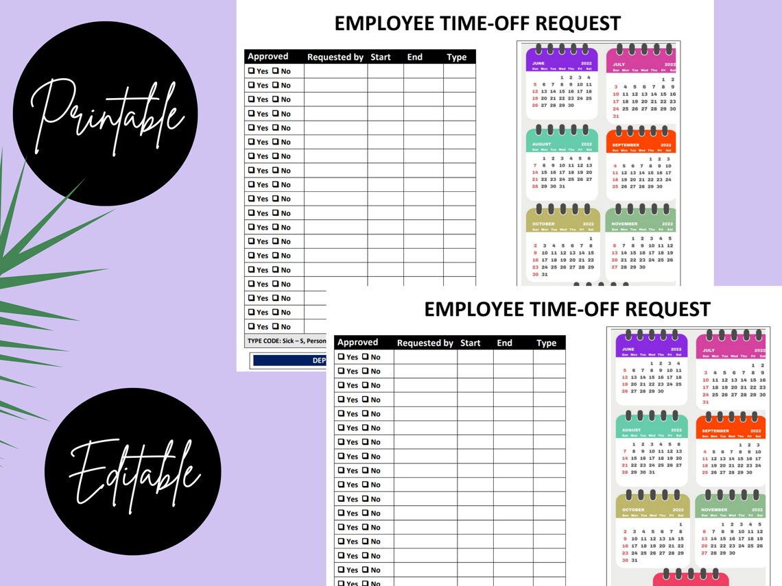 Employee Time off Request Calendar Template Editable Word Etsy
