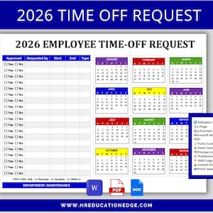 2026 Employee Time Off Calendar: HR Leave Planner (Digital Download, PDF, Word, Google Docs)