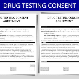 以下が含まれることがあります： 「薬物検査同意書」というタイトルが太字で大きく書かれた白黒の文書。この文書は、従業員と会社間の薬物検査同意書の条件を概説しています。この文書には、署名、印刷された名前、日付のセクションが含まれています。