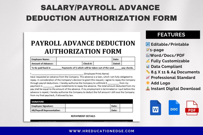 Employee Payroll Advance Authorization Form, Salary Loan Deduction ...
